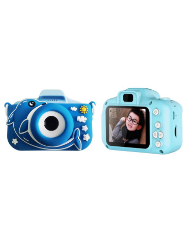 KIDS PHOTO CAMERA DIGITAL BUBBLE MICRO SD 2"IPS HD SCREEN BLUE + COVER DELFINO
